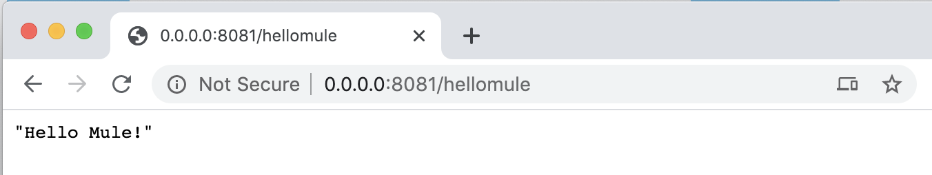 Web browser displaying the response 'Hello Mule!' from a local server