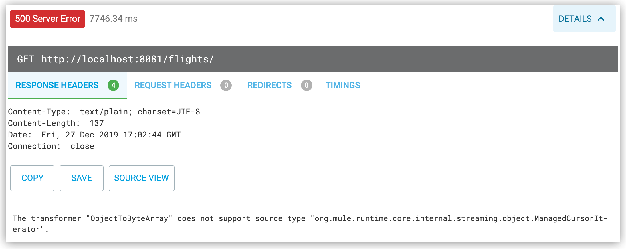 An error message indicating a server error due to unsupported source type in a transformation process