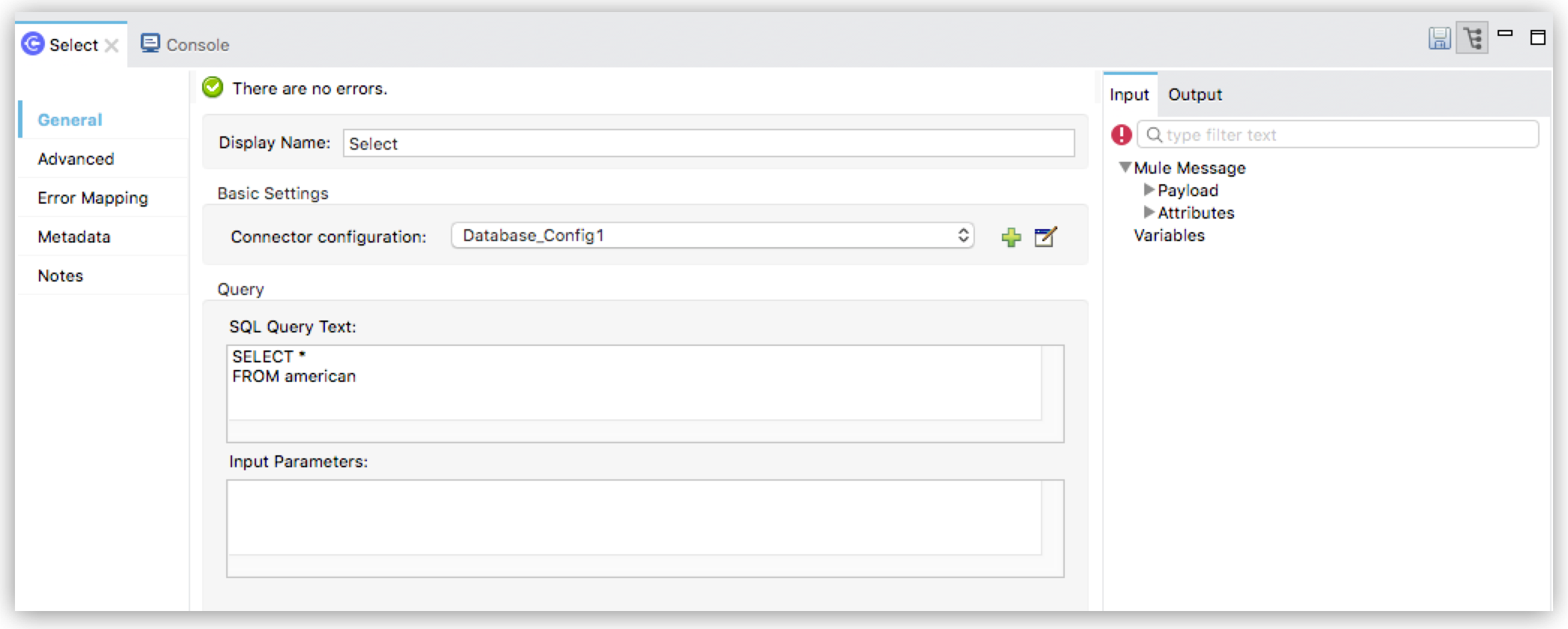A database query setup with SQL text