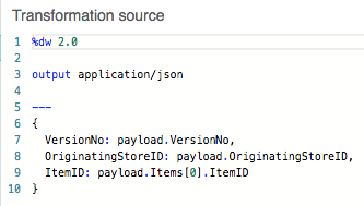 A DataWeave script outputting JSON including version number, store ID, and item ID