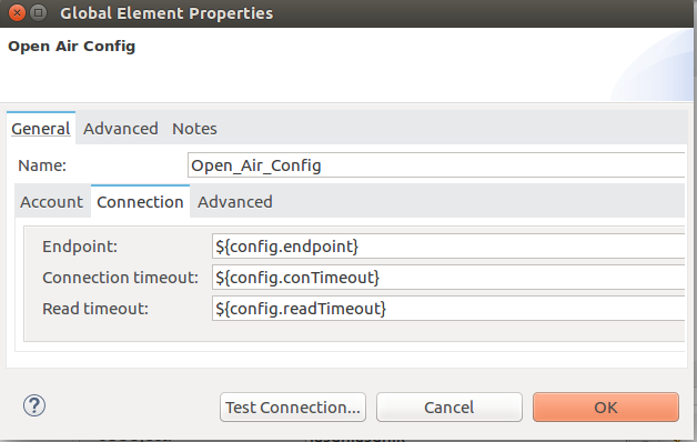 Global element properties window on Connection tab