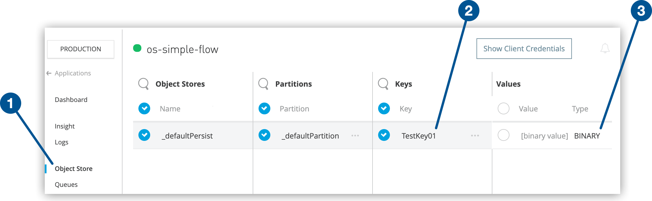 Runtime Manager window showing the Object Store navigation menu, and the selected object store, partition, key, and key data