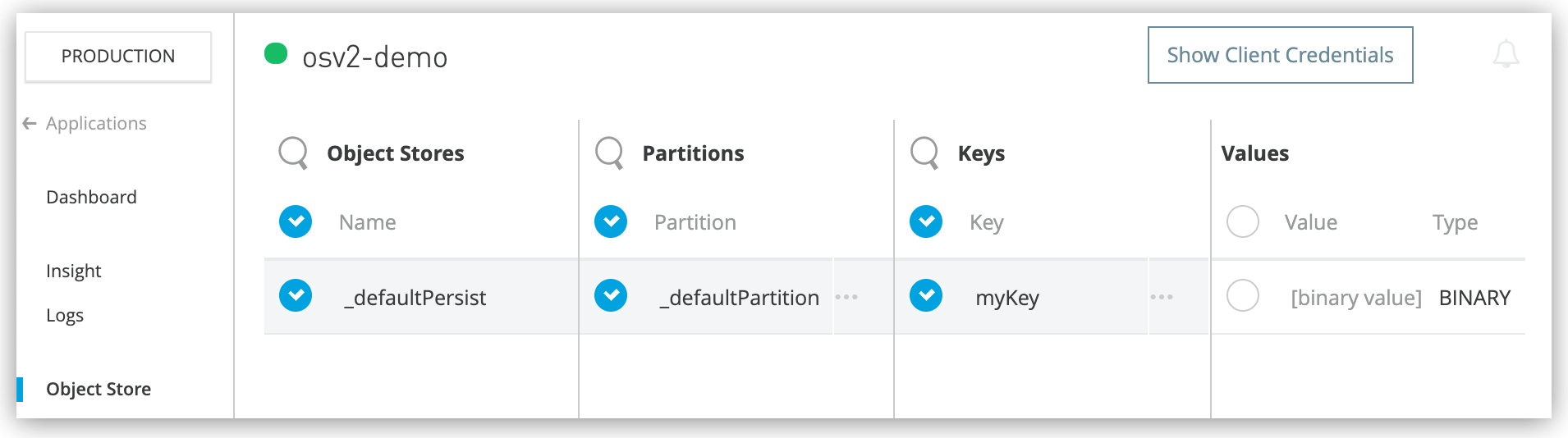 Runtime Manager window showing the selected object store, partition, and key