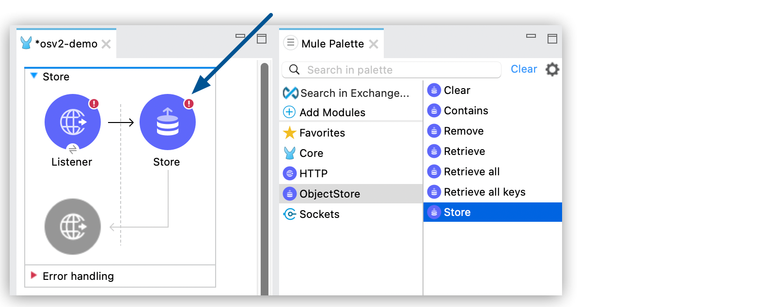 Studio 7.x window showing the Store operation on the canvas