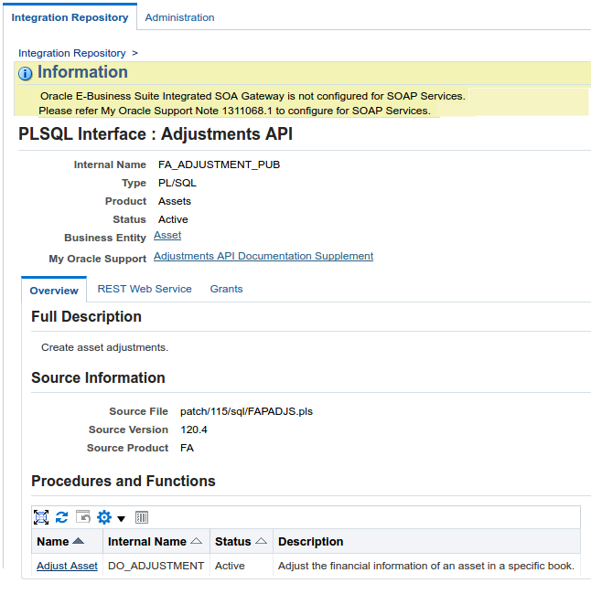 Deploy PL/SQL Adjustment API page