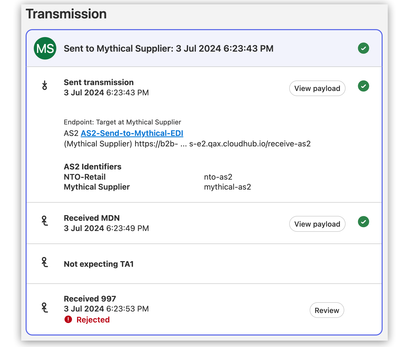 A transmission log that tracks all sent and received messages