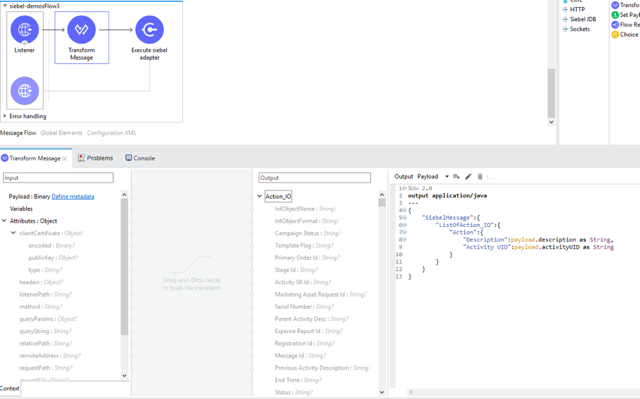 Transform Message properties window with input payload configuration