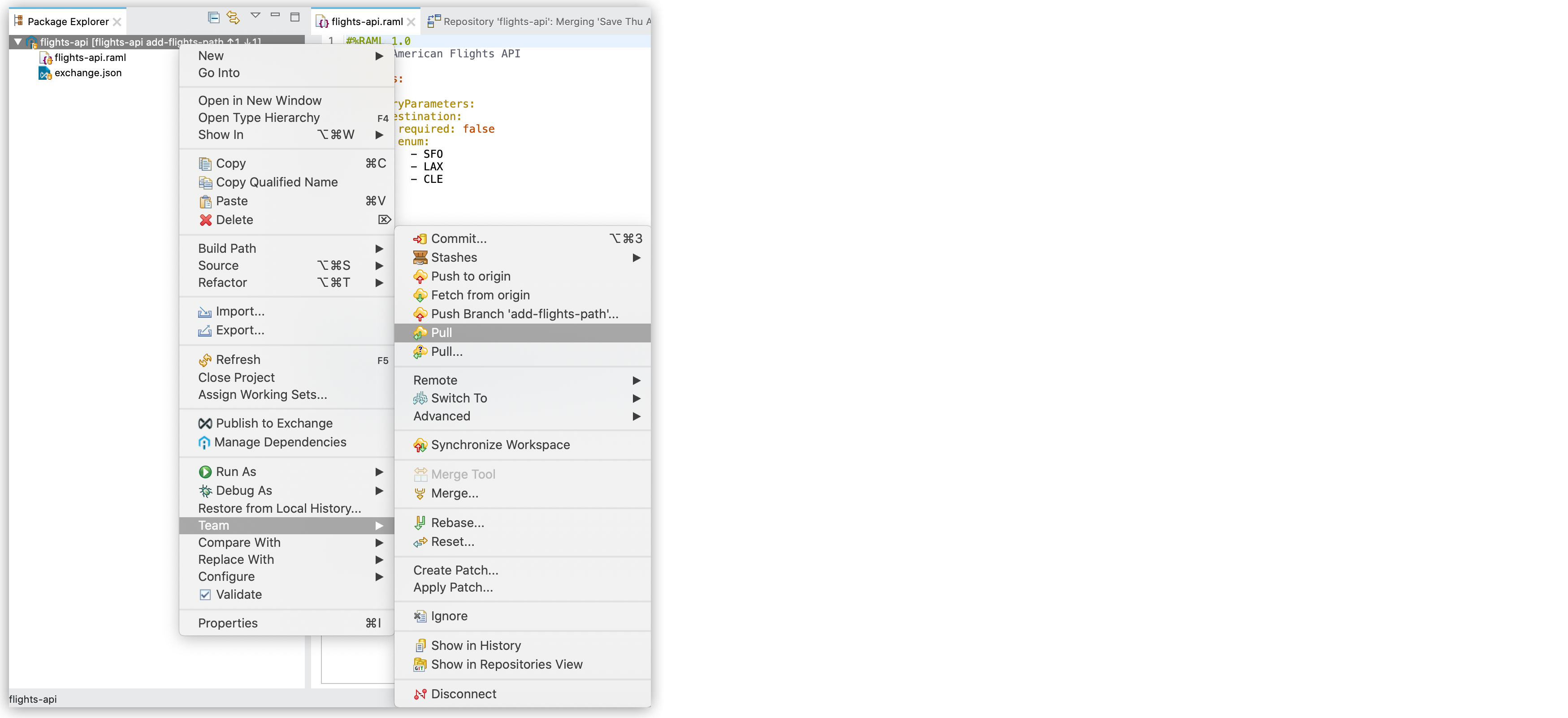 A menu displaying choices for a Git repository