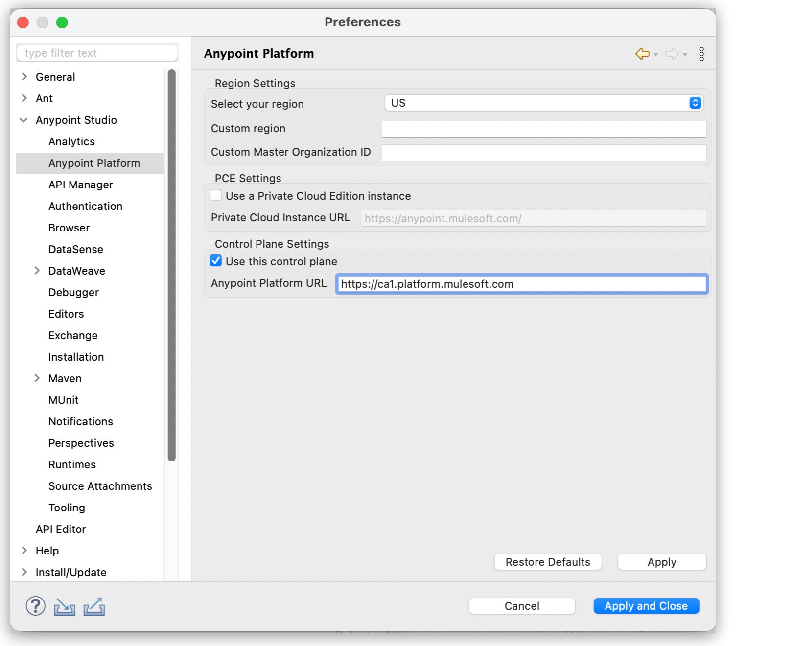 Canada Cloud platform URL in control plane URL field