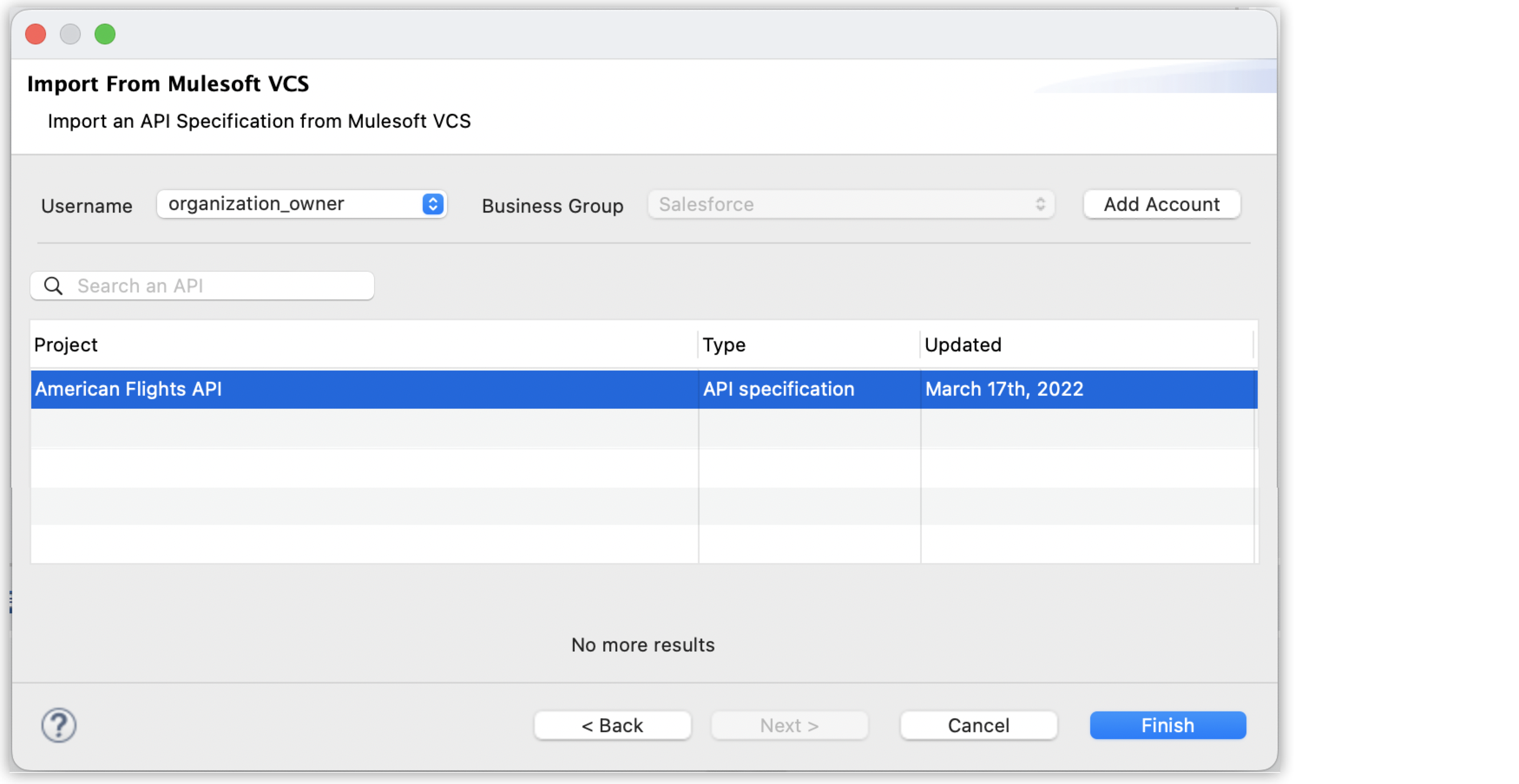 A window with fields for importing an API from MuleSoft VCS, including a list of available APIs