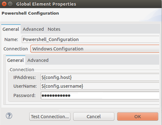 Global element properties window with Windows configuration
