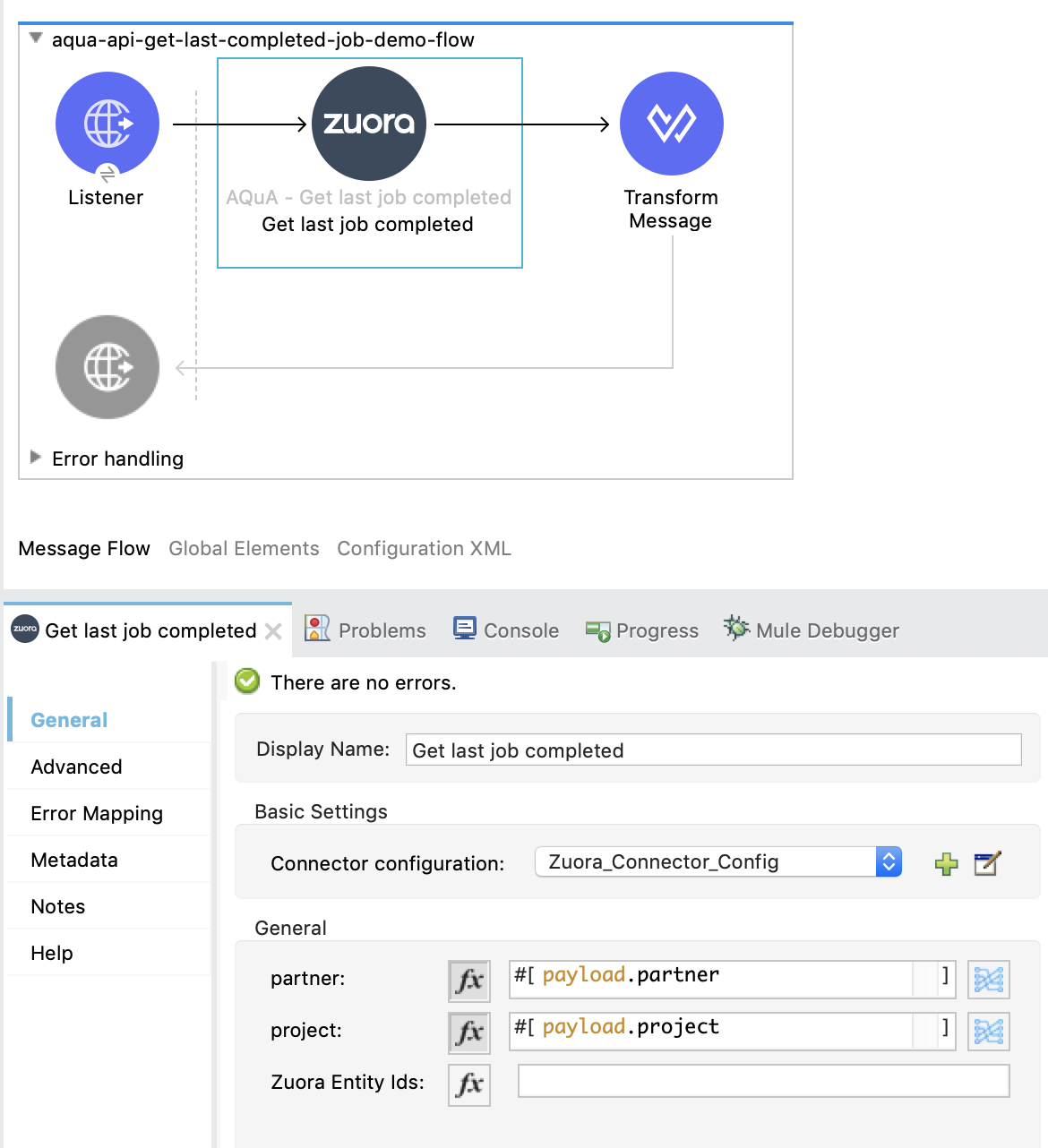 Studio flow with Listener, Get last job completed, and Transform Message